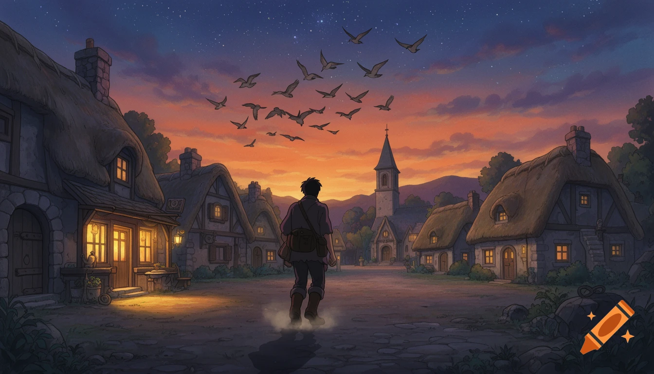 A lone figure walks into a medieval village square at dusk, with thatched-roof houses, a church, and birds flying against a sunset sky in animation concept art style.