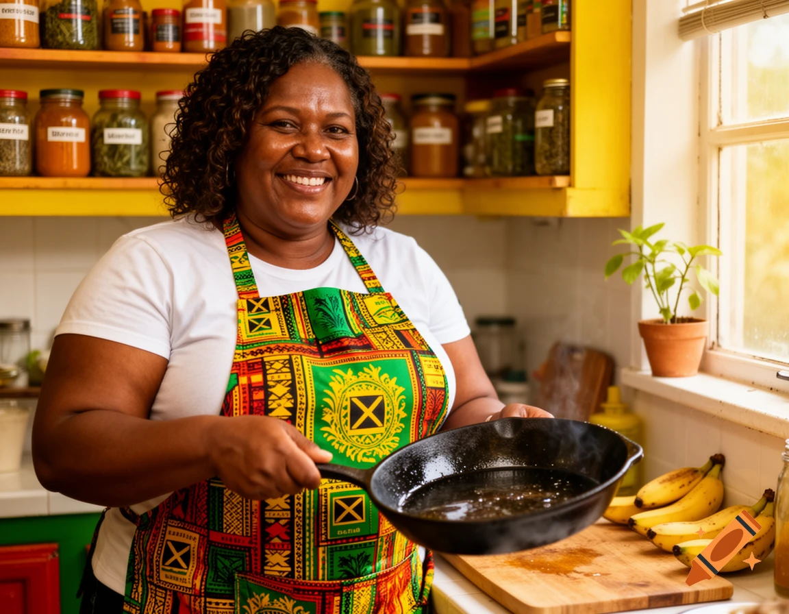 A smiling woman in a colorful apron holds a black frying pan in a kitchen with spice shelves.