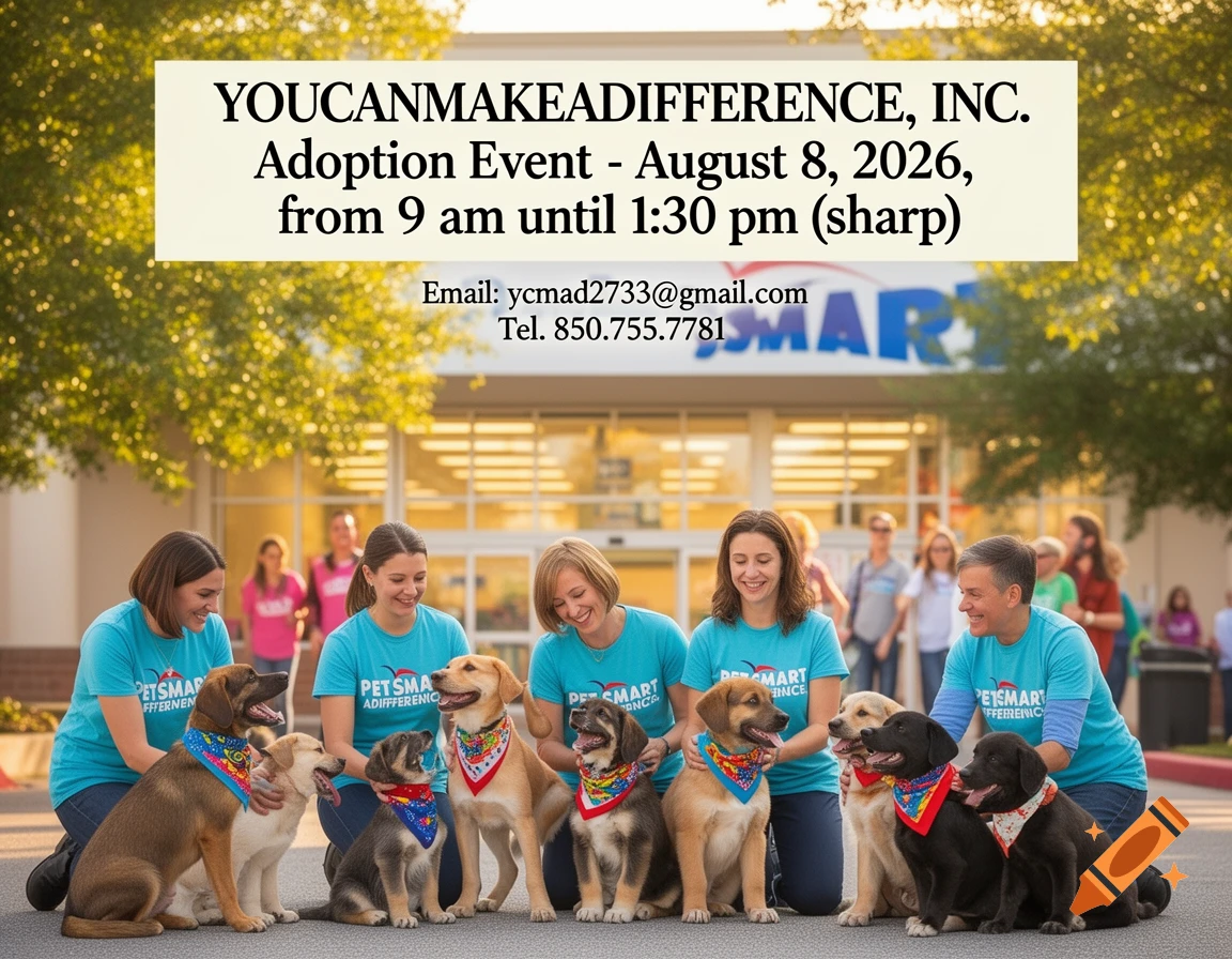 Women and a man with multiple dogs and puppies at an outdoor adoption event in front of a PetSmart store.