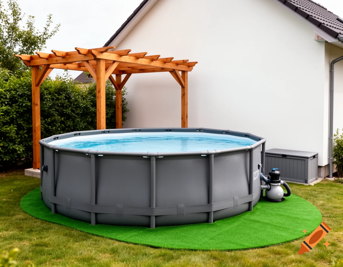 An above-ground swimming pool with a blue water and a green artificial turf base in a backyard. A wooden pergola stands behind it.