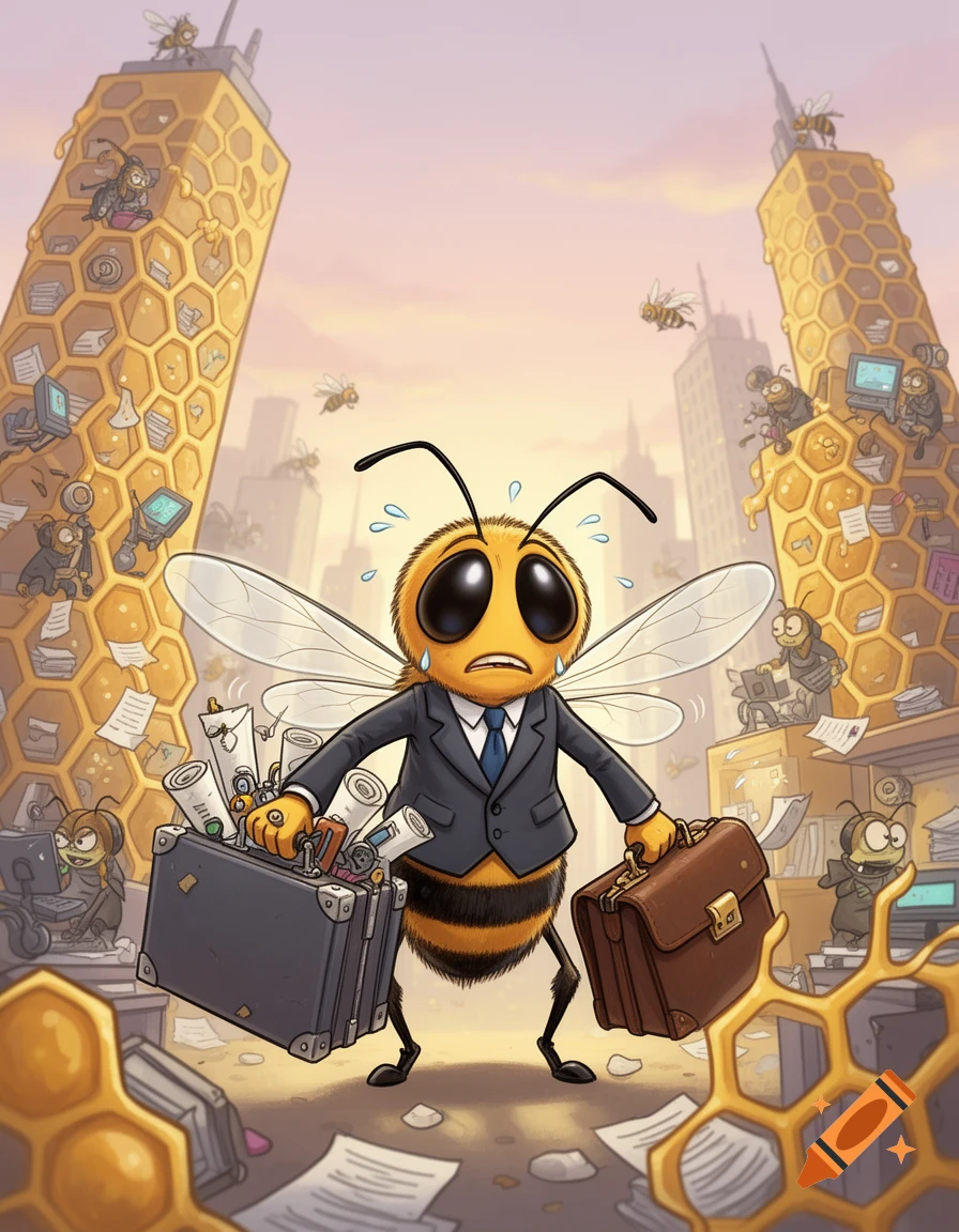 A cartoon business bee looks stressed and overwhelmed, carrying two briefcases amidst a cityscape of honeycomb skyscrapers filled with working bees.