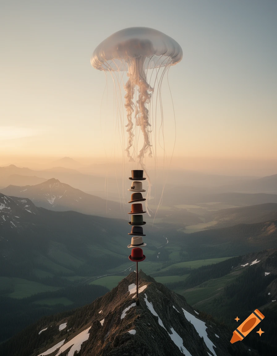 A giant translucent jellyfish floats above a stack of eight hats on a pole, atop a snow-dusted mountain peak at sunset.
