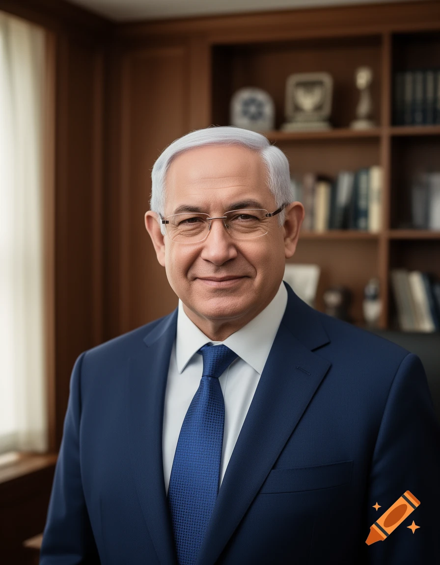 Portrait of Benjamin Netanyahu, an older man with glasses and white hair, in a dark blue suit and tie, smiling in an office.
