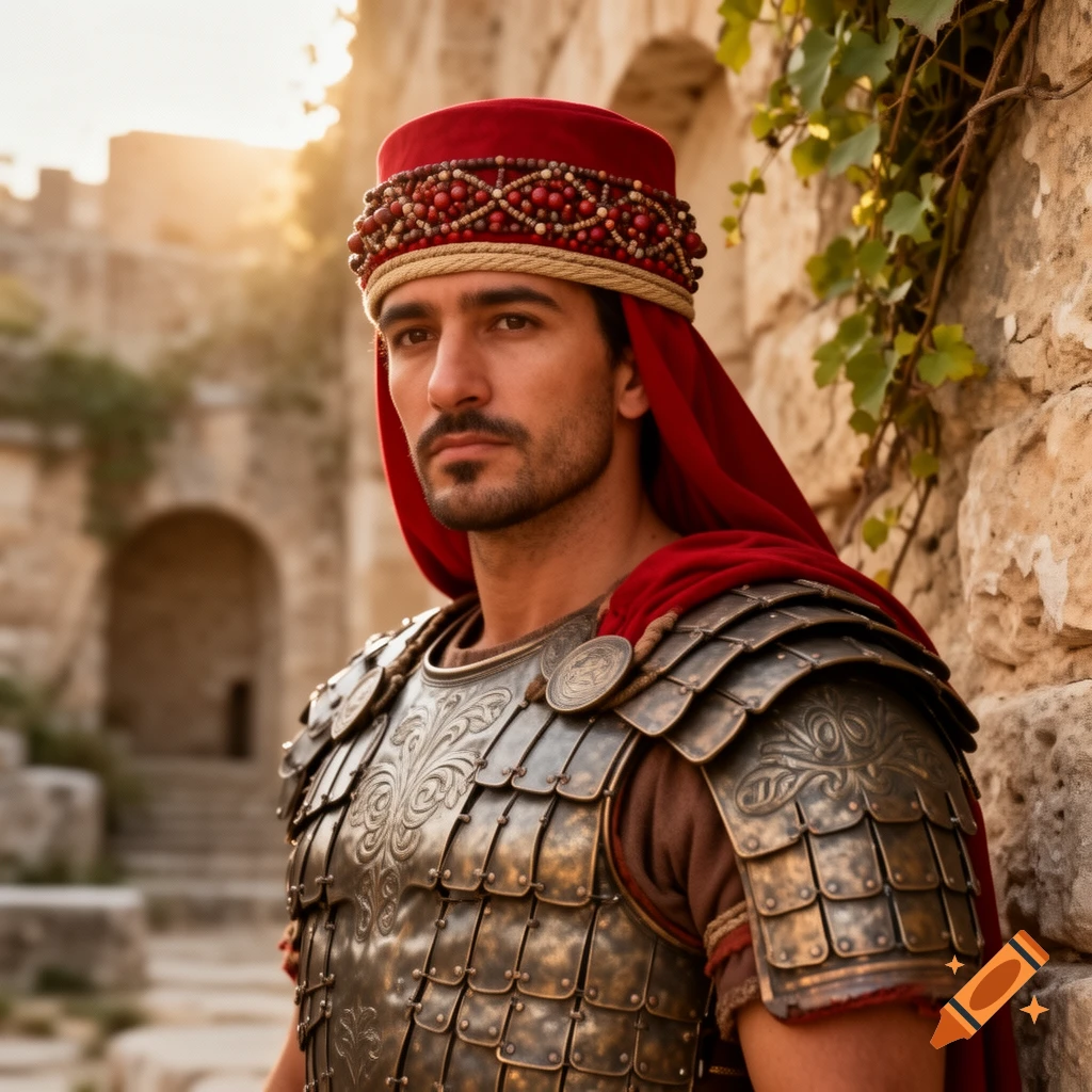 A photorealistic portrait of a man in ancient bronze scale armor and a red beaded cap, standing against a sunlit stone wall.