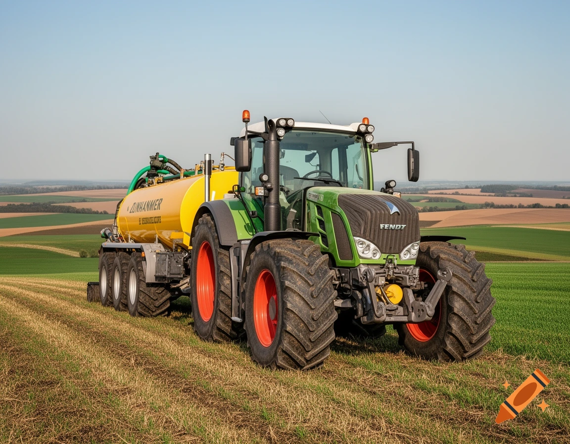 Green Fendt tractor pulling a yellow Zunhammer tank across a cultivated field under a clear blue sky.