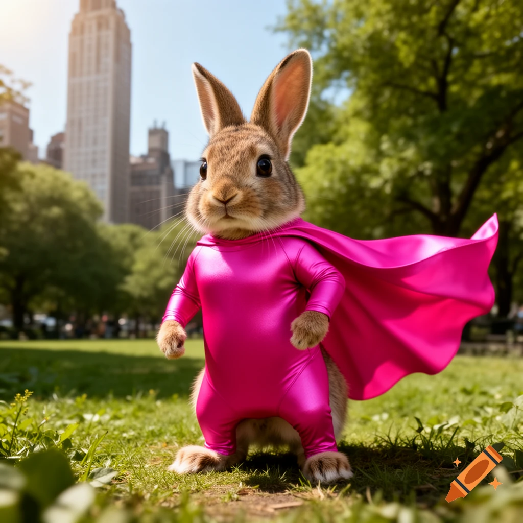 A photorealistic rabbit in a shiny pink superhero suit and cape stands in a sunny park with city buildings in the background.