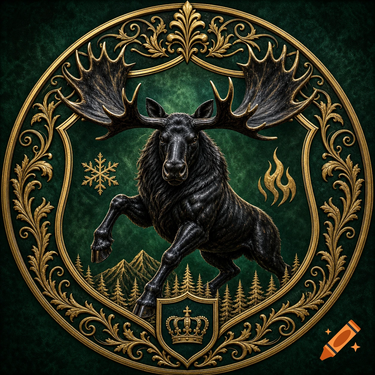 Ornate gold-trimmed emerald green sigil featuring a black moose in a dynamic pose, with mountains, pine trees, a snowflake, and flames.
