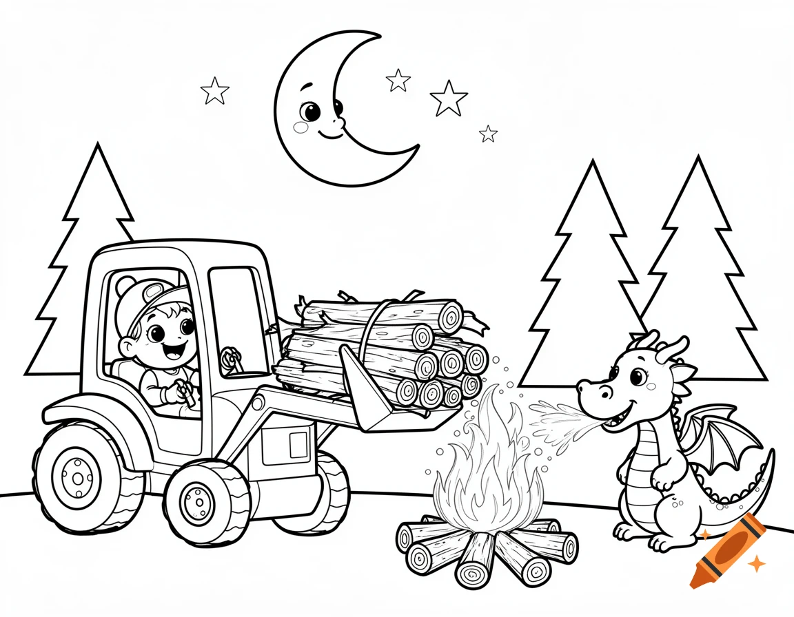 A black and white coloring page featuring a child in a loader with firewood, a dragon breathing fire on a campfire, a smiling moon, stars, and two trees.