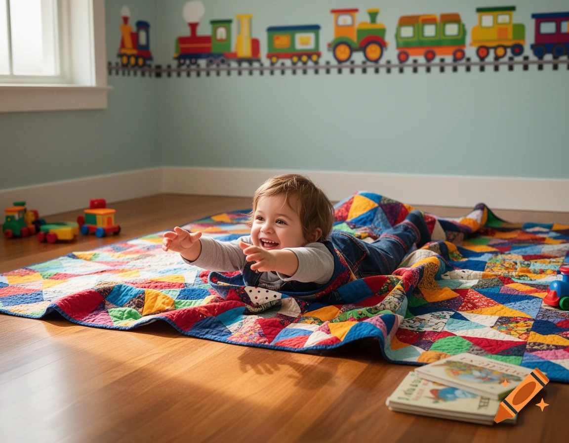 A smiling baby lies on a colorful patchwork quilt in a bright child's room, reaching forward. Train decals adorn the wall.