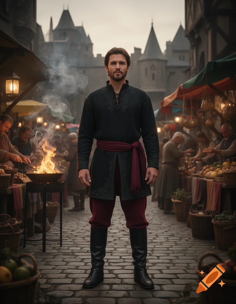 A man in black and crimson medieval attire stands in a bustling market square with a castle backdrop, fire in a pan to his left.