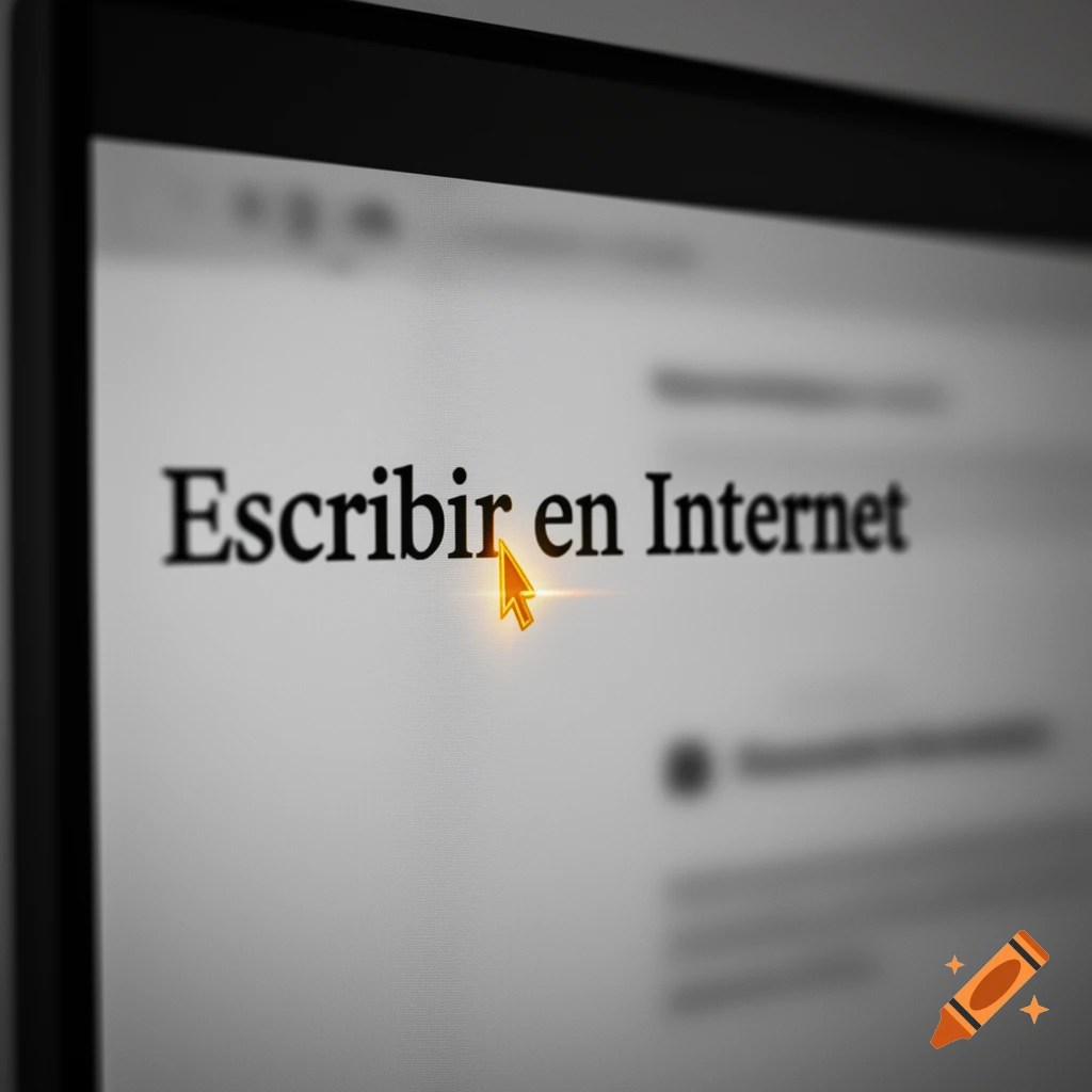Close-up of a computer screen displaying "Escribir en Internet" (Write on the Internet) with a glowing orange cursor.