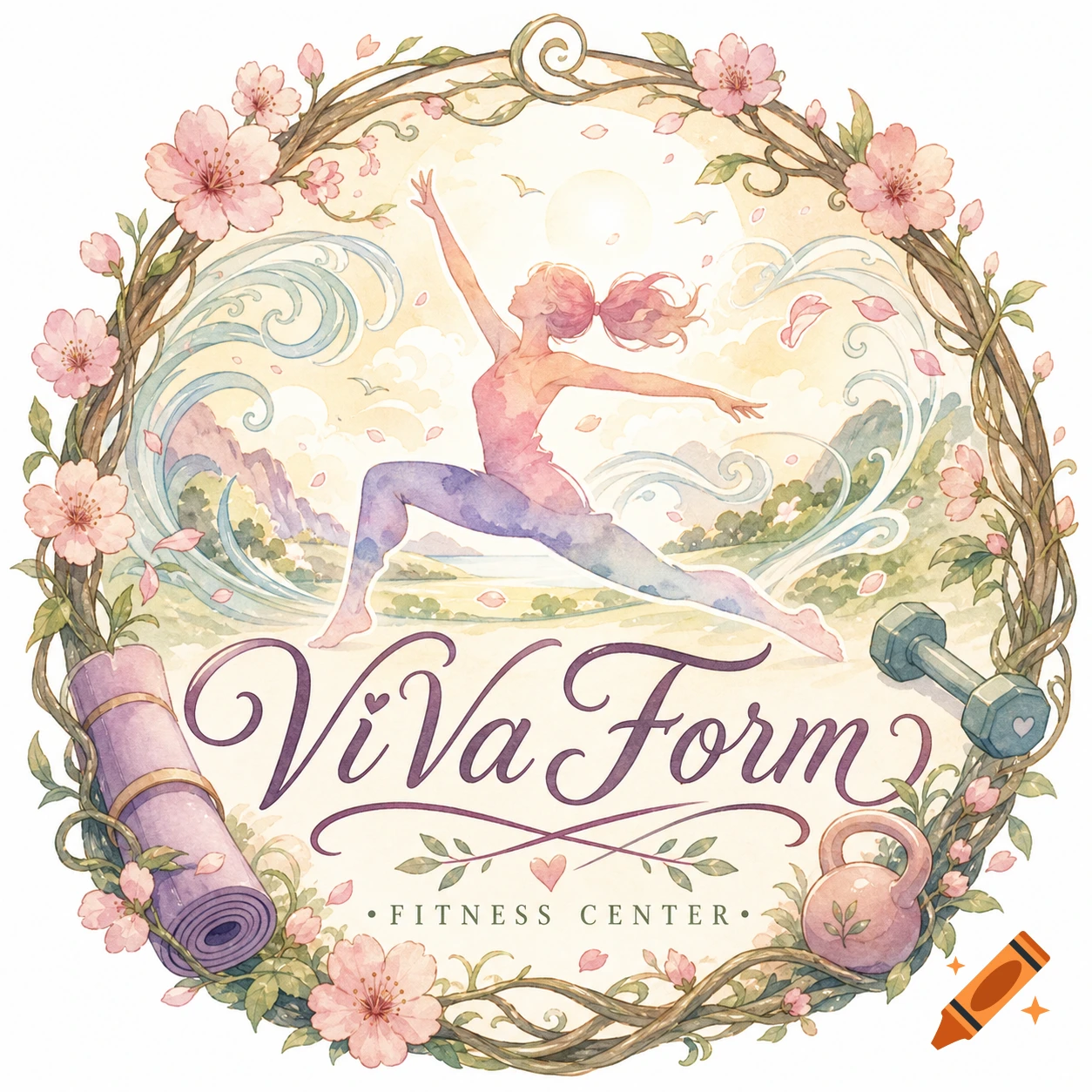 A whimsical watercolor logo for ViVa Form Fitness Center, depicting a woman in a yoga pose surrounded by a floral wreath with a yoga mat and kettlebell.