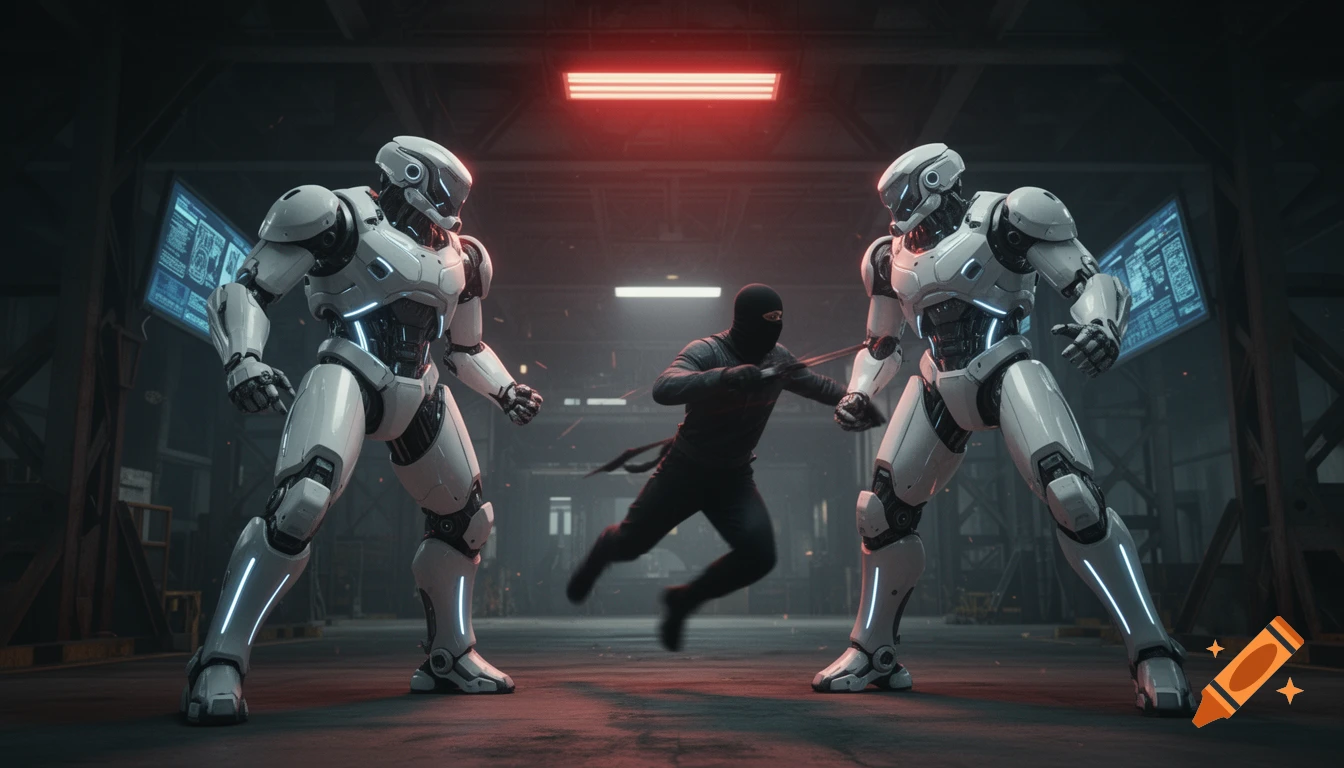 A black-clad ninja fights two white robot soldiers in a dimly lit industrial setting with glowing screens and red lights, photorealistic style.