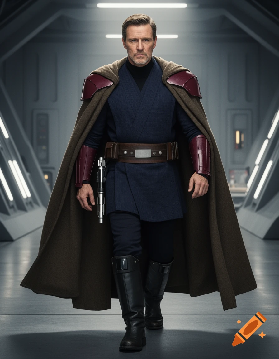 A man in a Star Wars-style Jedi Knight outfit with a cape, blue tunic, and red armor, holding a lightsaber, in a futuristic hangar.