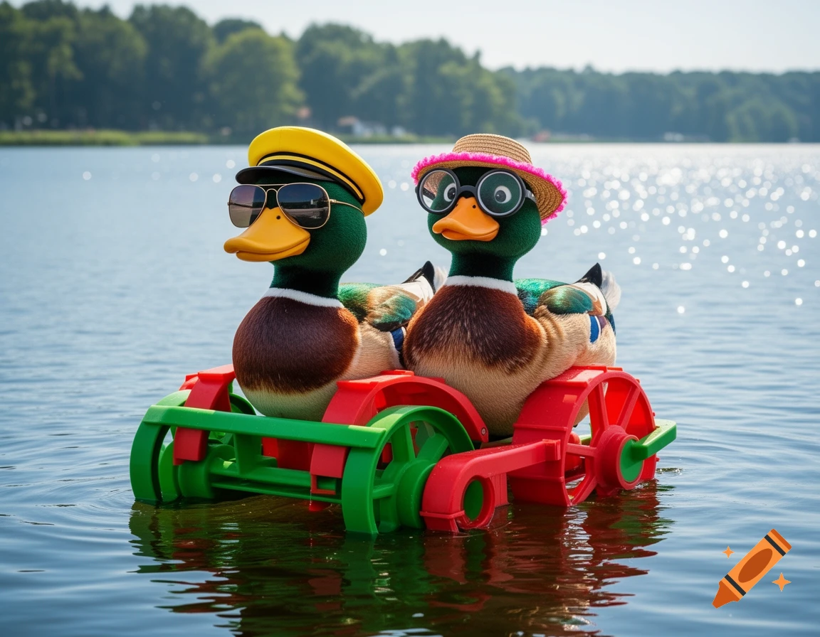 Two toy ducks in a red and green paddle boat with hats and glasses on a sparkling lake.