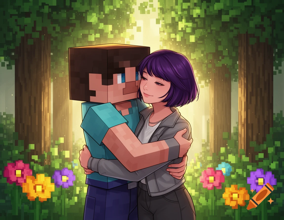 An anime girl with dark purple hair hugs a Minecraft-style character in a pixelated forest with flowers.