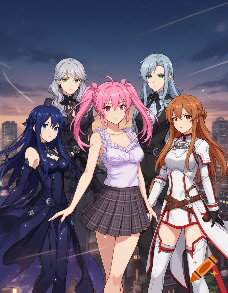 Five anime characters, three female and two male, stand on a city rooftop at dusk.