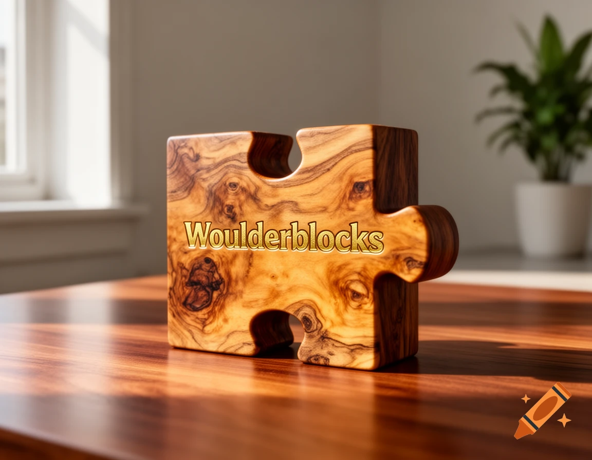 A close-up of a large, polished wooden puzzle piece with the word "Woulderblocks" engraved in gold, sitting on a glossy wooden table with sunlight streaming from a window in the background.