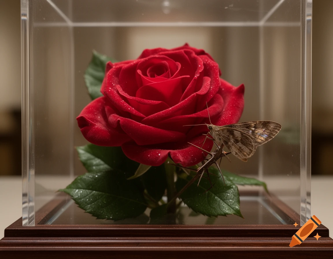 Photorealistic red rose with dew drops and a moth on a thorny stem, enclosed in a clear glass display case with a wooden base.