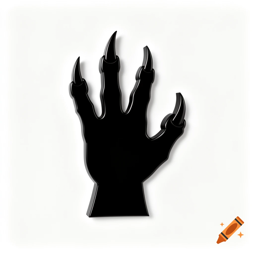 A solid black, stylized dinosaur-like claw hand with four sharp talons on a pure white background.