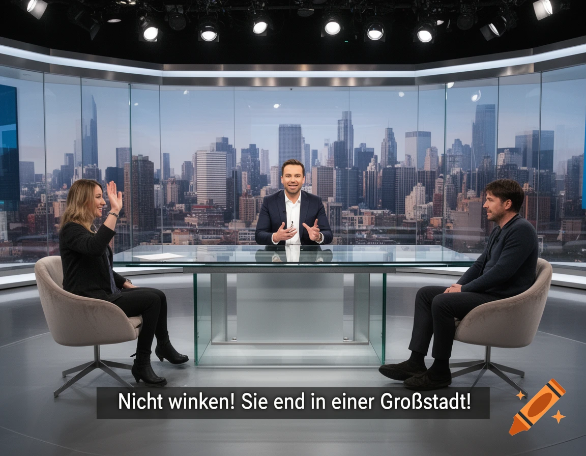 A TV presenter speaks to a waving guest and another man in a modern studio with a cityscape view.