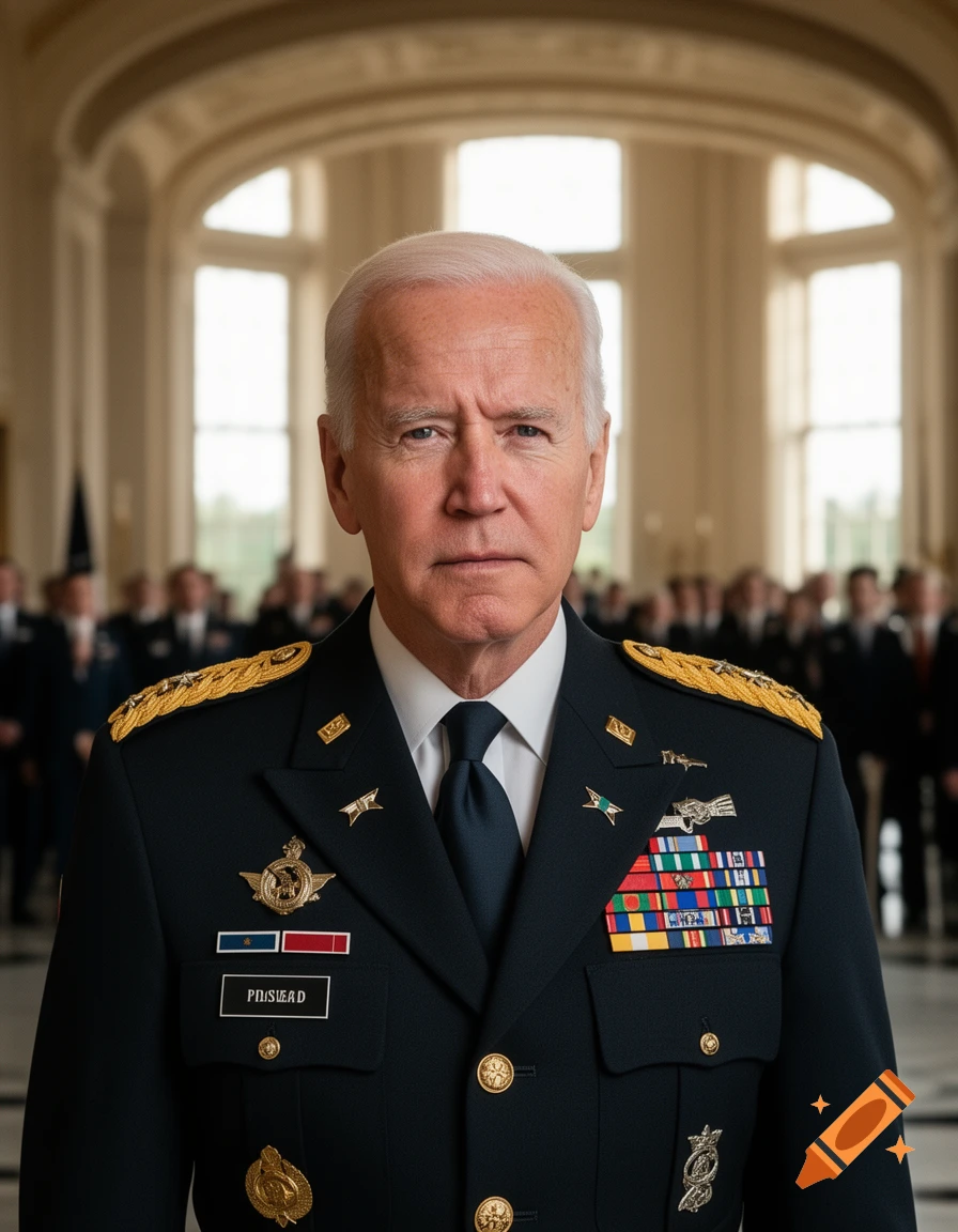 Photorealistic portrait of President Joe Biden in a dark blue military uniform with gold epaulets, medals, and ribbons, standing in a grand hall.