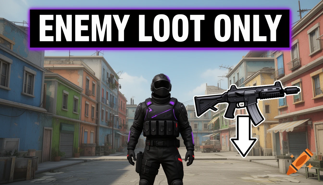 A character in black tactical gear with purple accents stands in an urban street, an assault rifle icon with a down arrow floating beside them, under a banner with text 'ENEMY LOOT ONLY'.