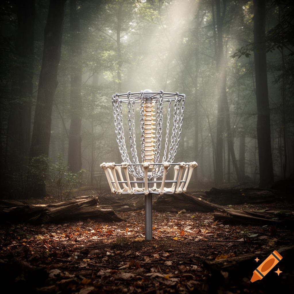 A disc golf basket with a bone-structure base stands in a misty, sunlit forest with fallen leaves.