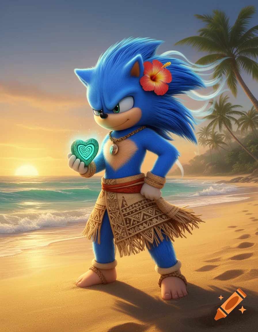 Sonic the Hedgehog dressed as Moana, holding a glowing heart on a tropical beach at sunset.