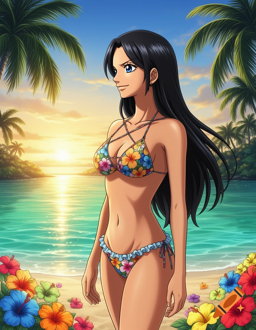 An anime woman with long black hair in a floral bikini stands on a tropical beach with palm trees and a sunset.