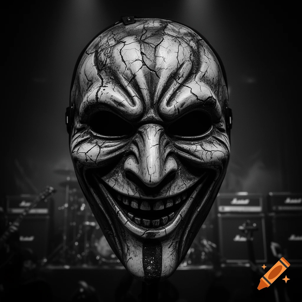 A close-up, black and white image of a cracked, unsettling mask with a wide grin, against a blurred concert stage with amplifiers.