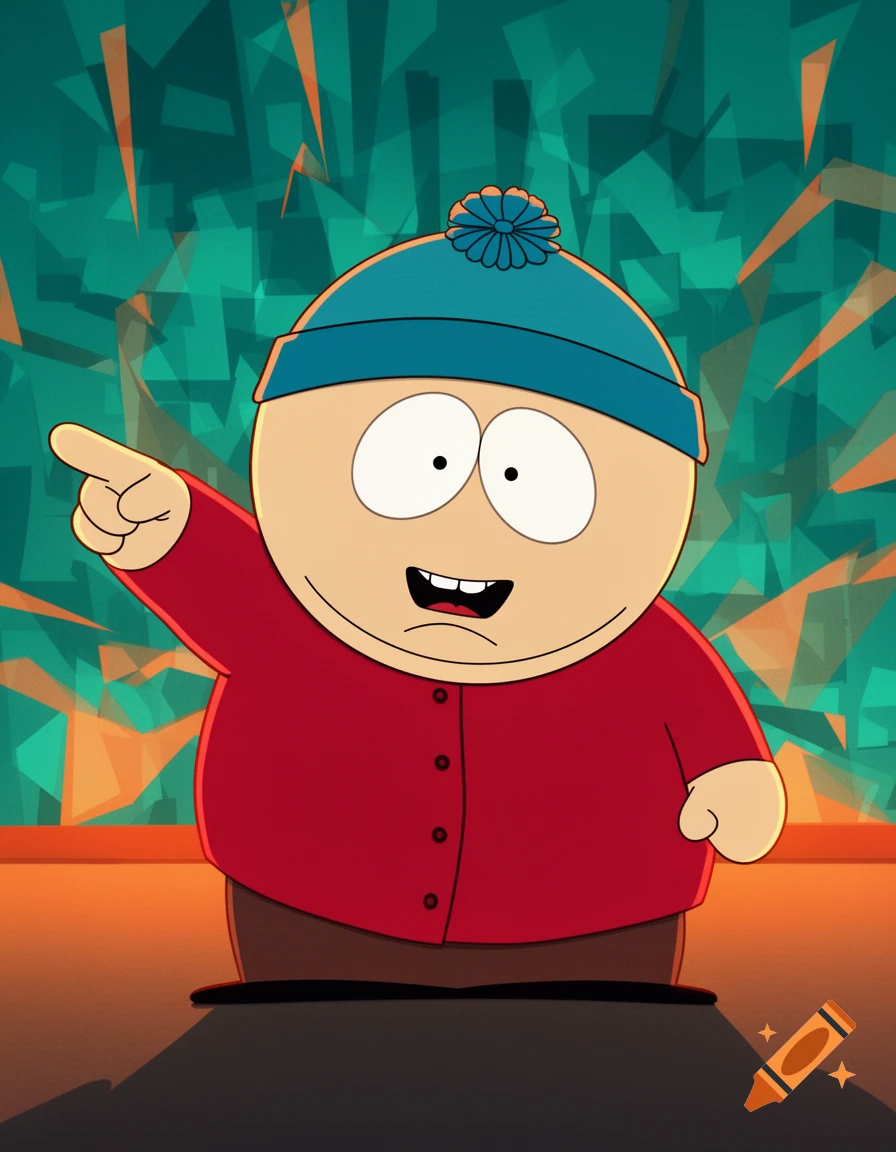 Cartoon character Cartman from South Park, wearing a red jacket and blue beanie, pointing left with an excited expression.