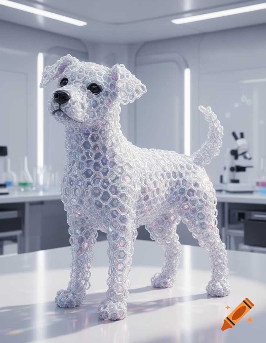 A crystalline dog figurine made of iridescent hexagonal molecules stands on a white table in a sterile science lab.