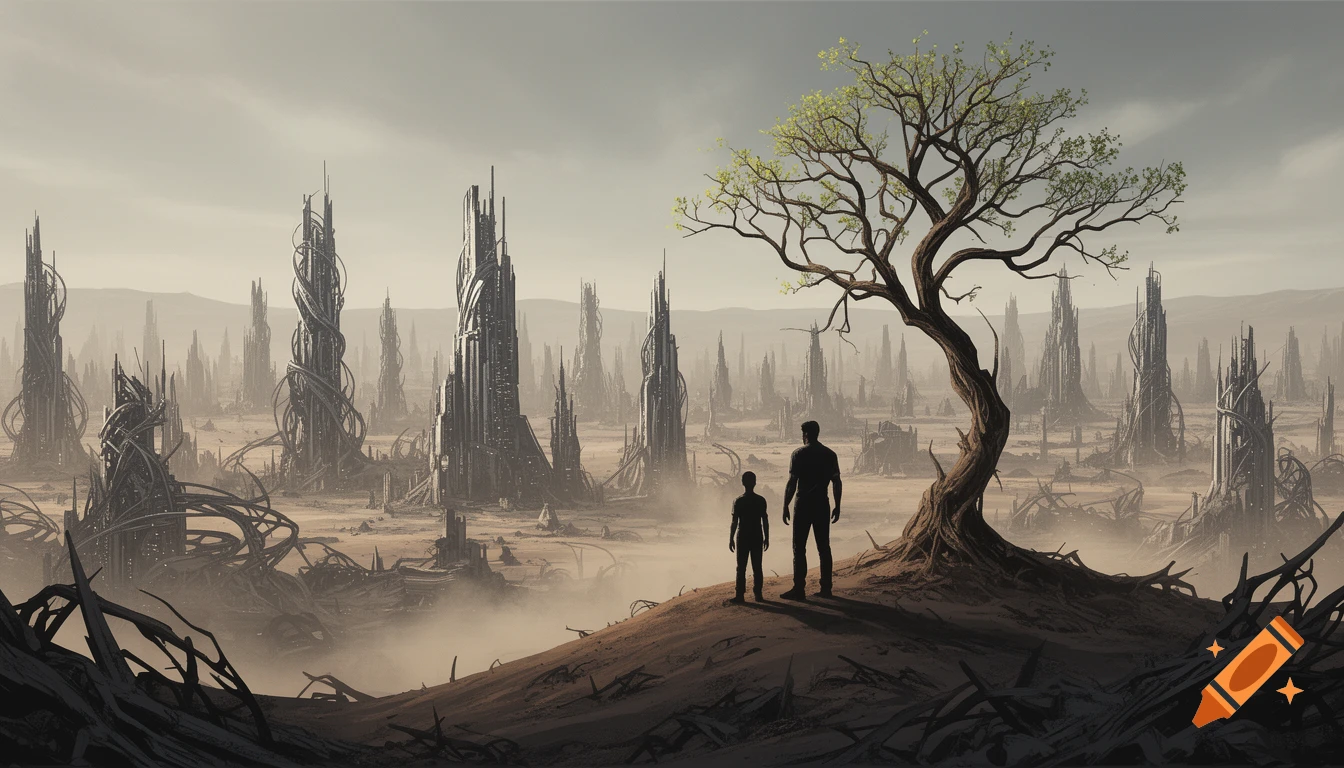 Father and son observe a desolate, ruined futuristic city from a hill with a lone tree, in a comic book art style.