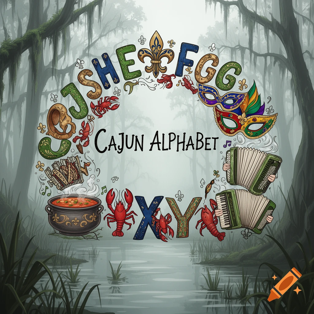 Cajun alphabet illustration featuring the words 'Cajun Alphabet' and stylized letters like J, S, H, E, F, G, X, Y, along with lobsters, a gumbo pot, Mardi Gras masks, and accordions, all set in a misty bayou.