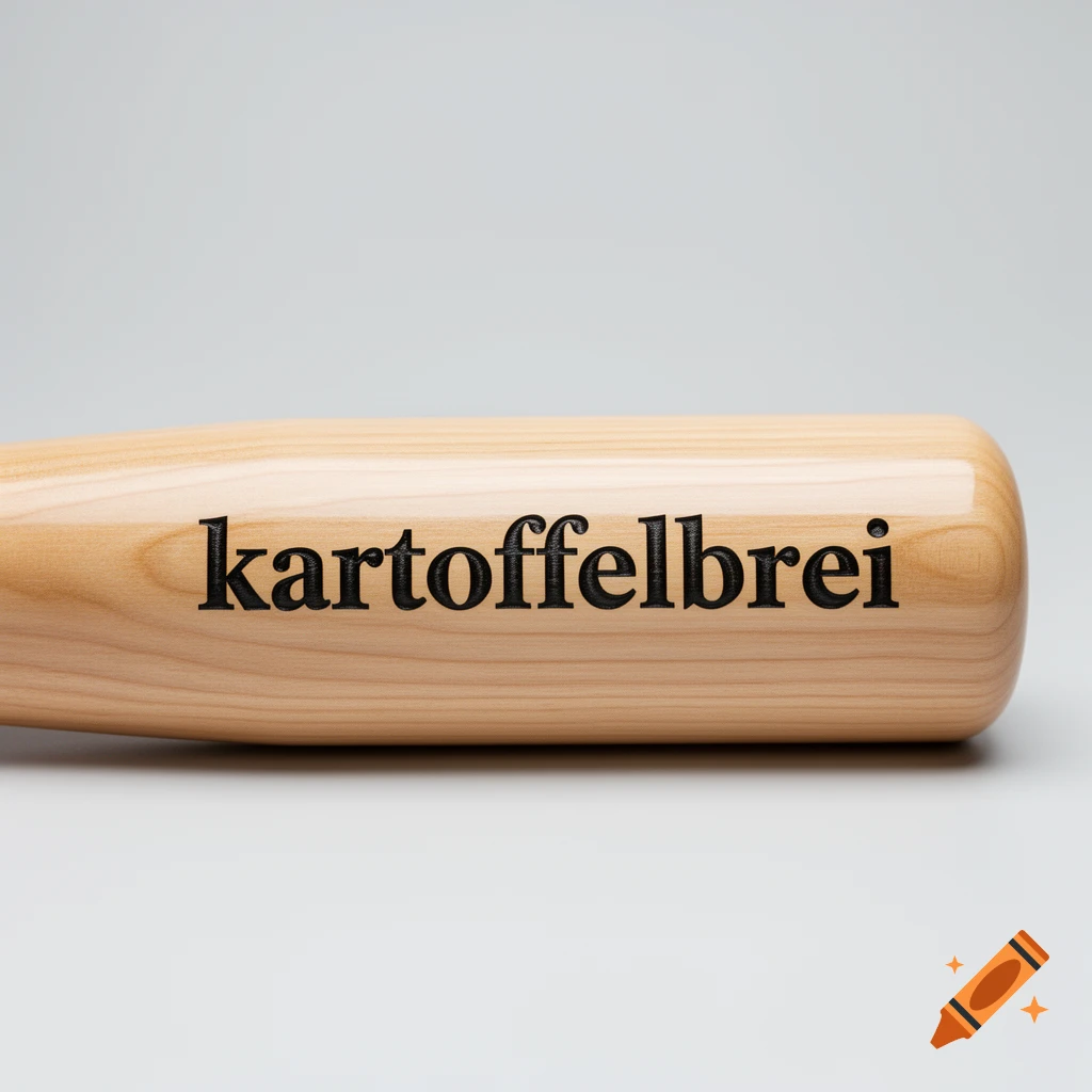 A close-up photorealistic shot of a light wood baseball bat with the word 'kartoffelbrei' engraved in black on its side.