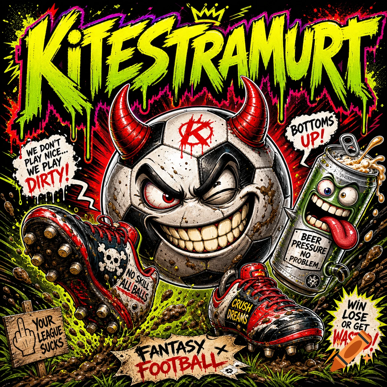 Aggressive, neon green 'KITESTRAMURT' title above a winking, horned soccer ball, muddy football boots, and a spiked beer can character in a grungy, cartoonish style.