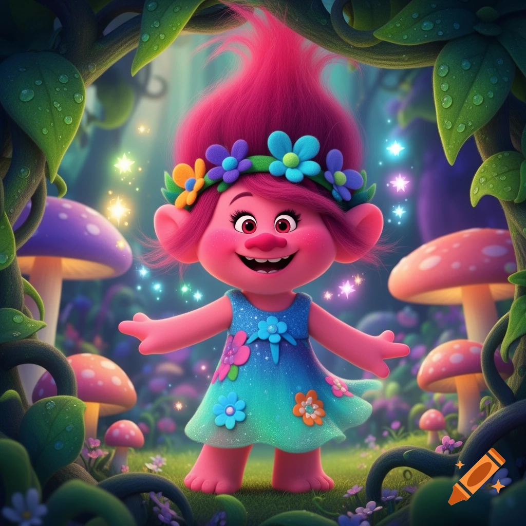 A colorful illustration of Poppy from Trolls smiling in a whimsical forest with glowing mushrooms and sparkling lights.