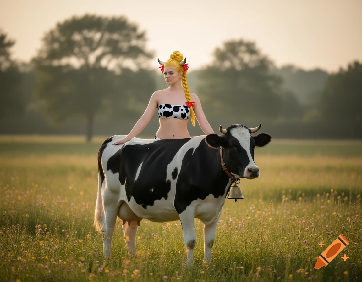 A cow centaur with a woman's torso, blonde pigtails, and cow horns, merging with a black and white Holstein cow's body in a grassy field.