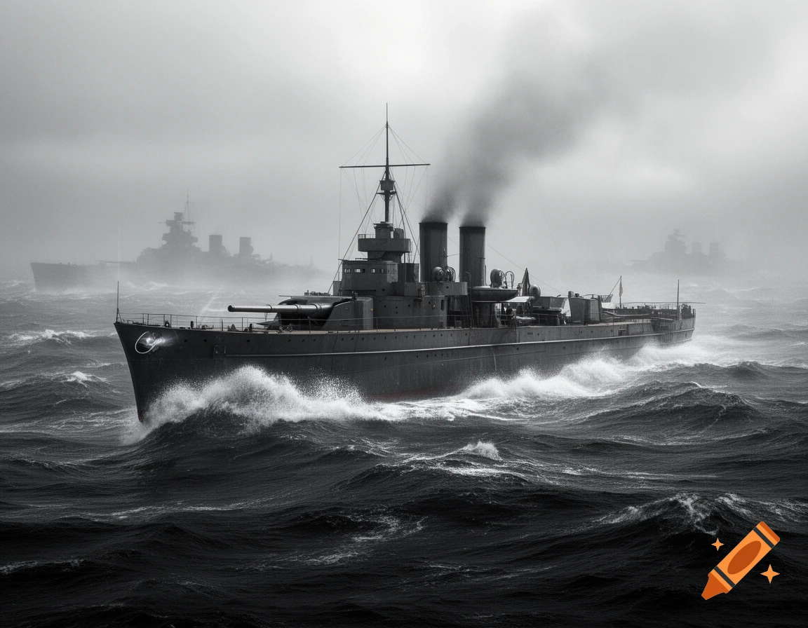A grayscale image of a warship sailing through stormy seas with other ships in the misty background.