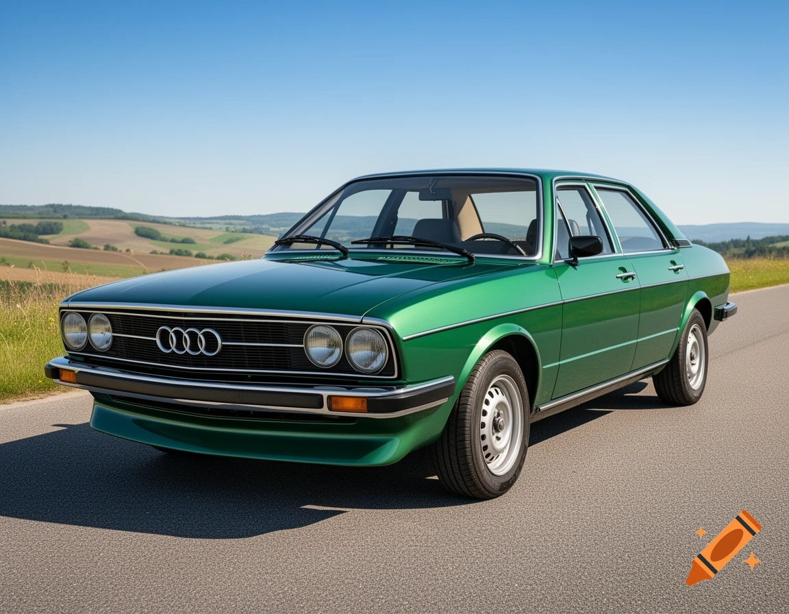A vibrant green vintage Audi 80 B1 sedan on a paved road under a clear blue sky in a sunny rural landscape.