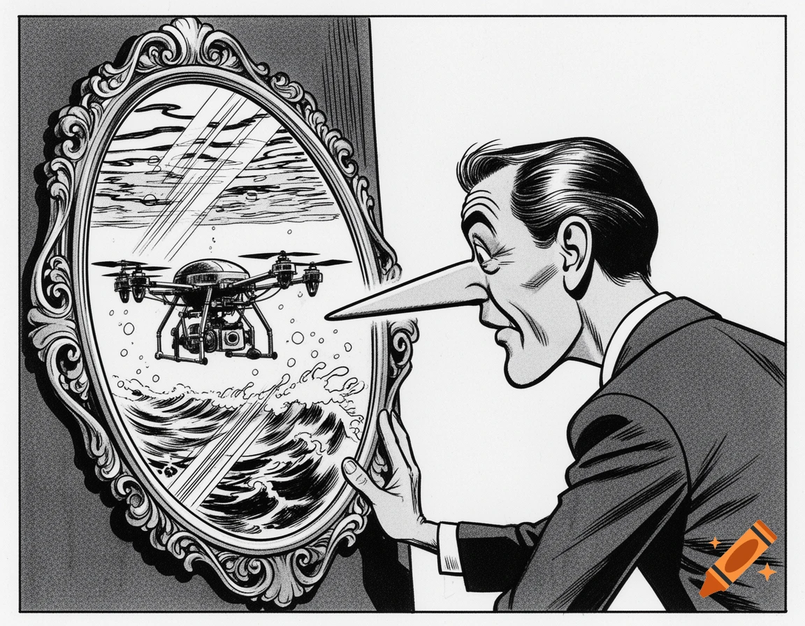 A man with a long Pinocchio nose looks into a mirror reflecting a drone partially submerged in water, in a black and white comic book style.