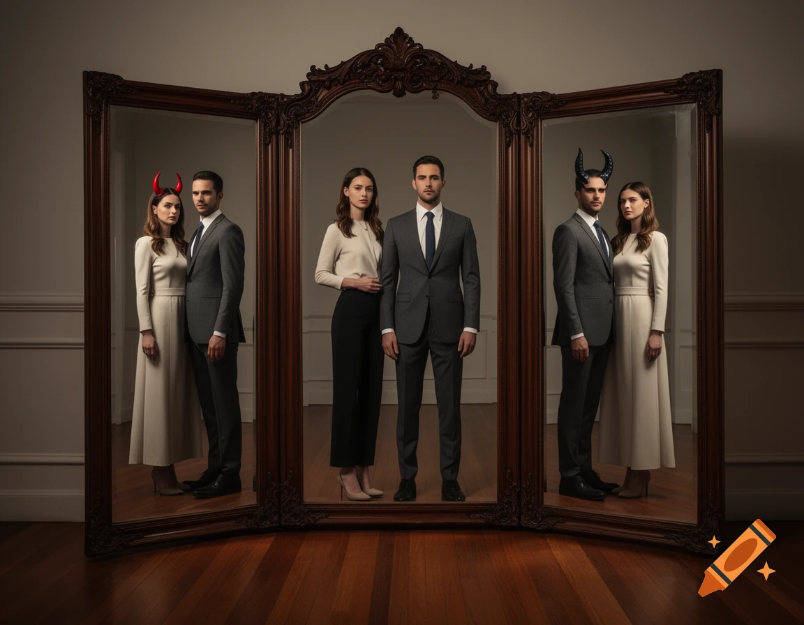 A man and woman in formal wear stand before a three-panel mirror. The center reflection shows them normal; the left shows the woman with red devil horns; the right shows the man with black devil horns.
