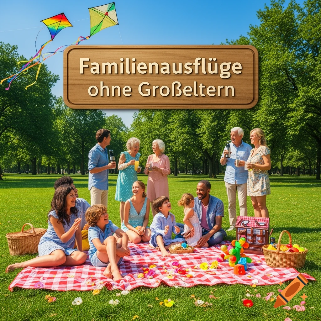 A large diverse family and friends group enjoys a sunny picnic in a green park, with two colorful kites flying in the sky and a wooden sign above them. Photorealistic style.