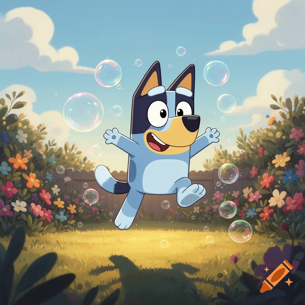 Bluey the cartoon dog jumps joyfully amidst bubbles in a sunny, flower-filled backyard.