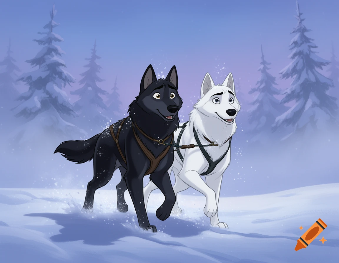 A black sled dog and a white sled dog run through a snowy winter landscape, animated in the style of Balto.