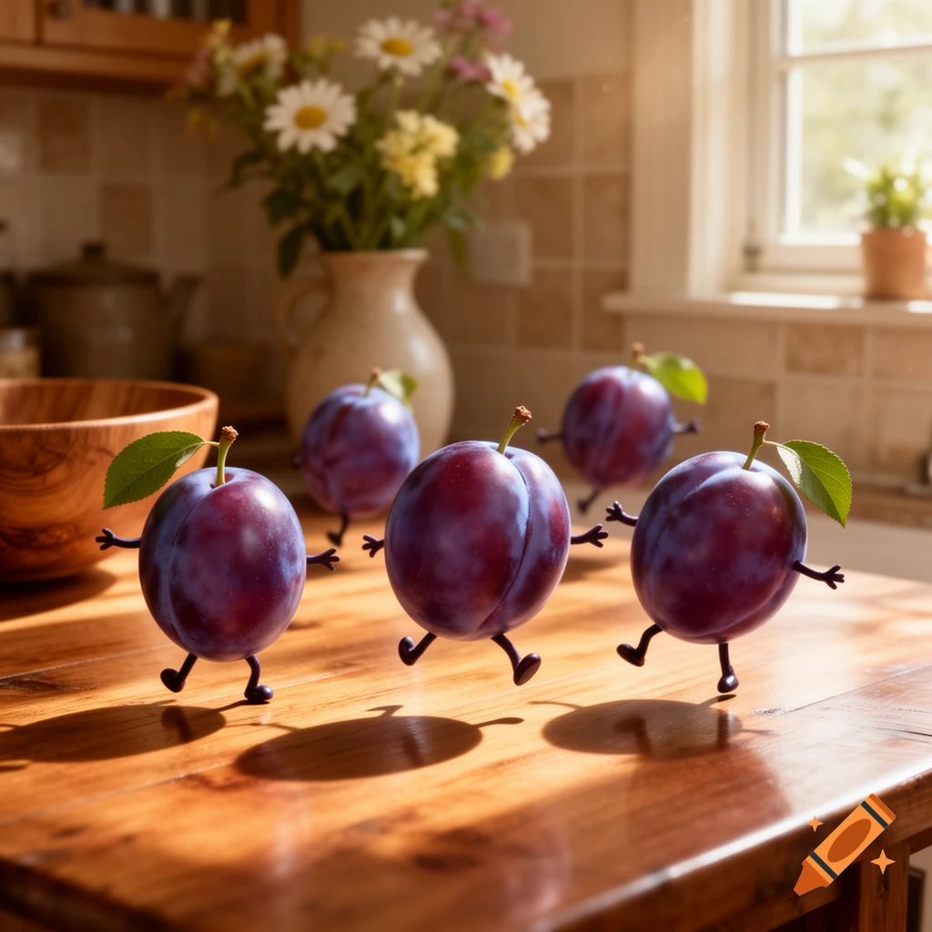 Five anthropomorphic purple plums with small stick arms and legs appear to be dancing on a sunlit wooden kitchen table.