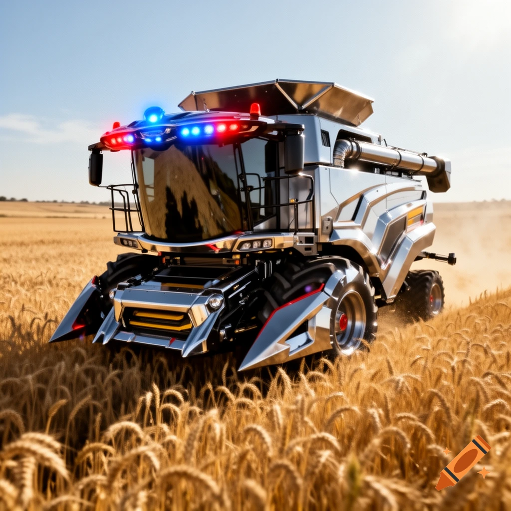 A futuristic, chrome combine harvester with red and blue lights drives through a golden wheat field under a clear sky.