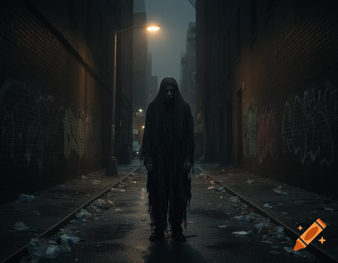 A creepy hooded figure stands in a dark, trash-strewn alley under a glowing streetlamp in the rain.