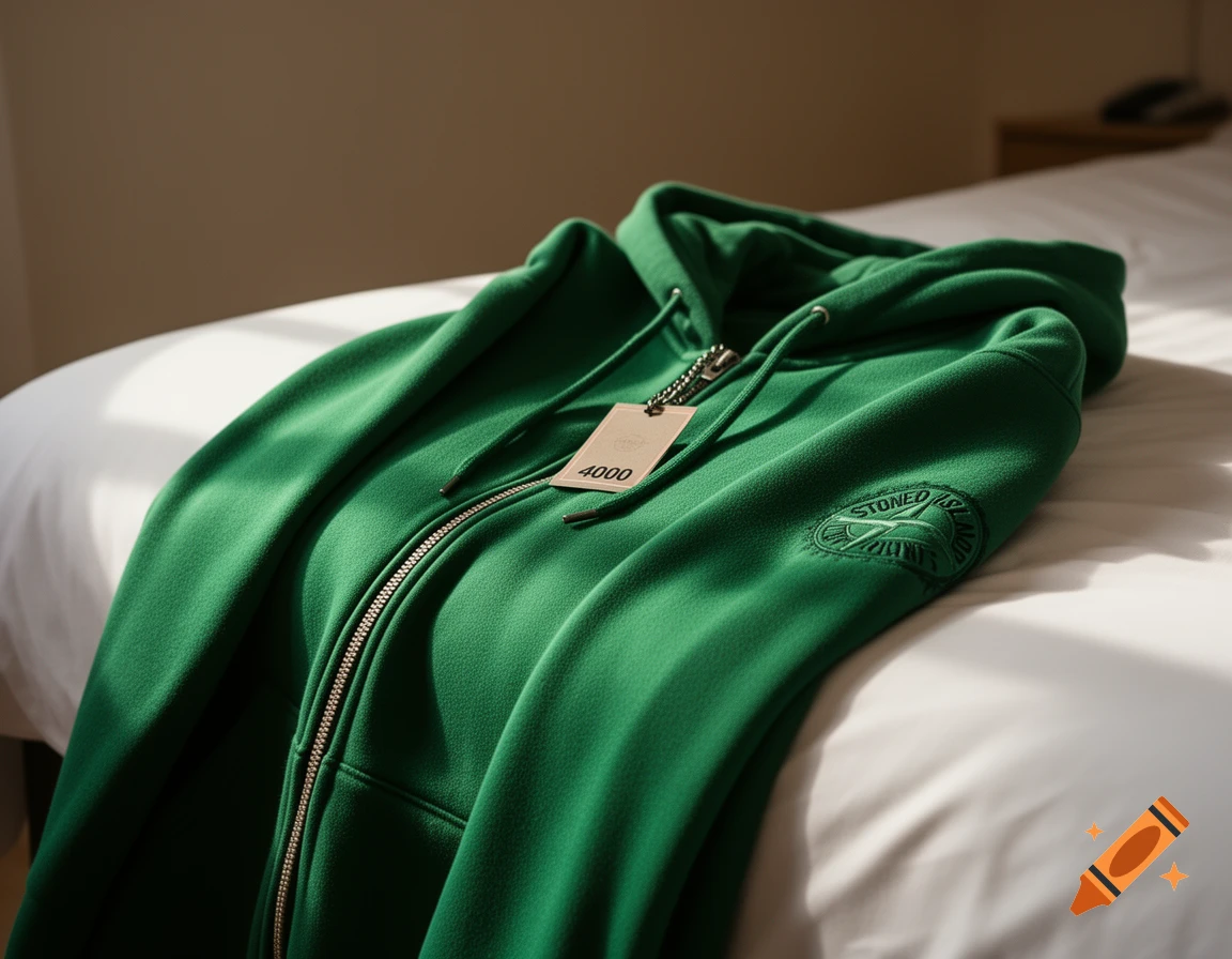A green Stone Island zip-up hoodie with a '4000' price tag lies on a white bed.